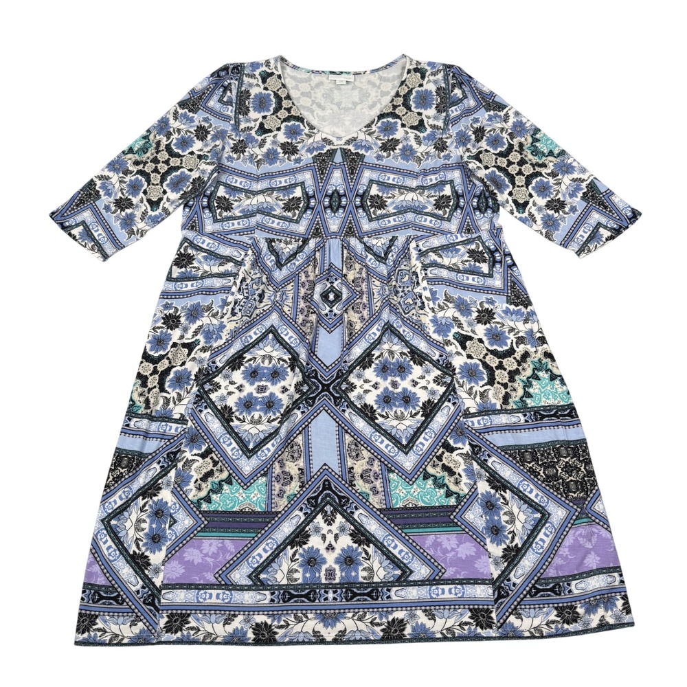 J Jill Dress Womens Medium Petite Blue Geometric Floral Medallion Jersey Empire